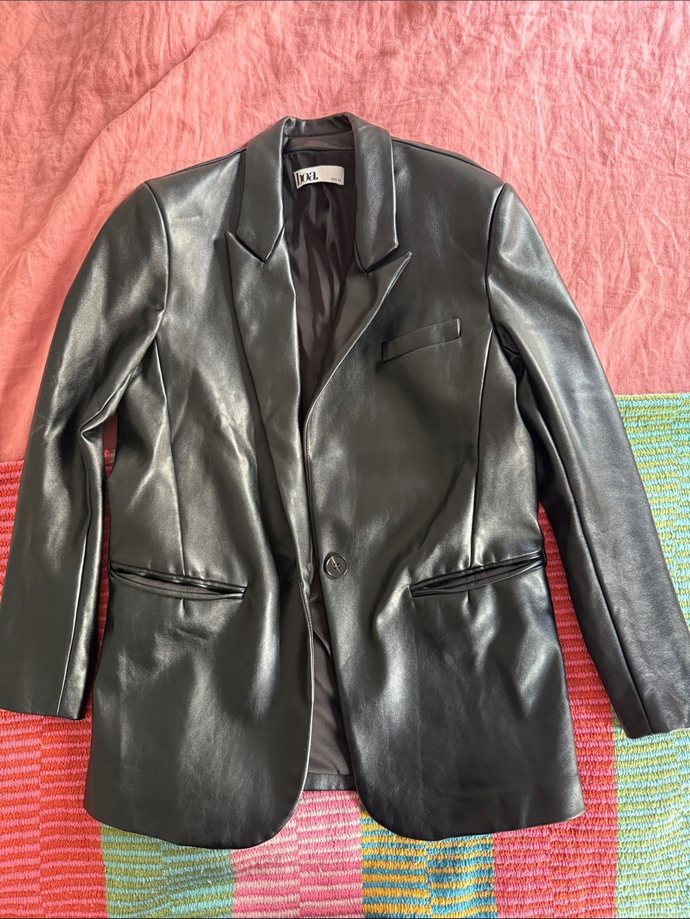 Oversized Faux Leather Blazer Jacket - Black